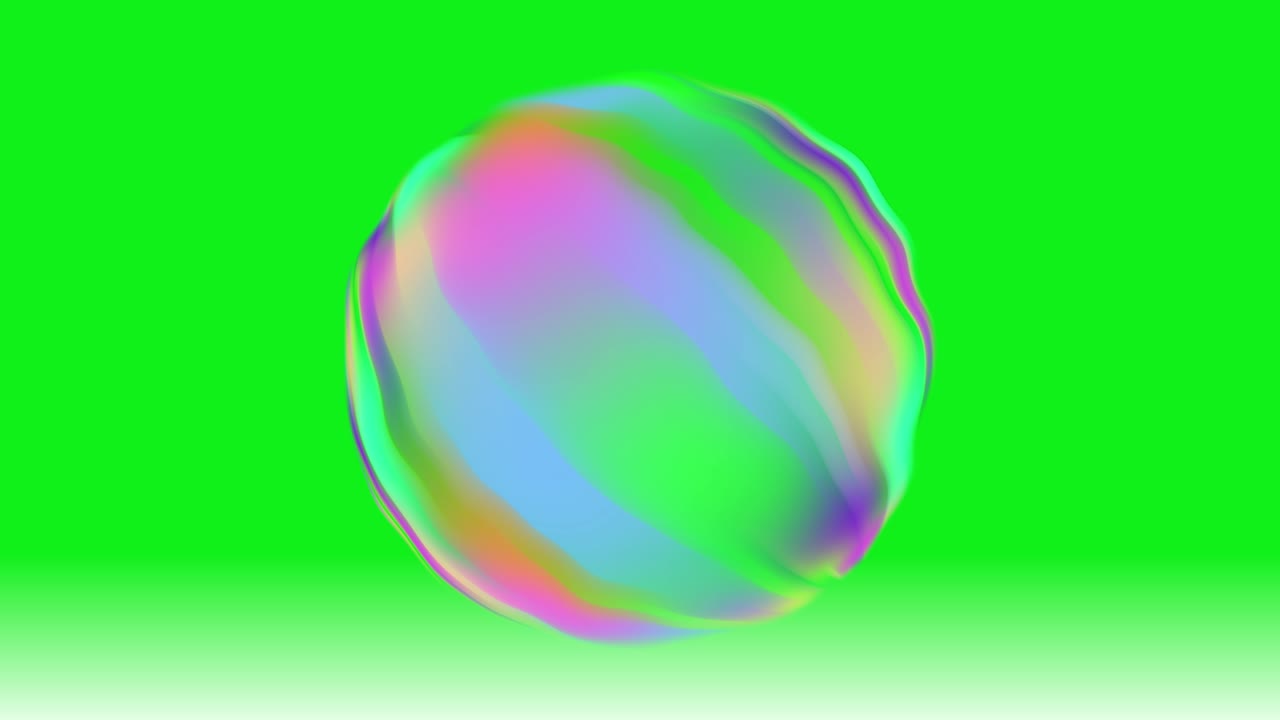 Grafica in movimento con bolle di sapone a forma di sfera rotante color arcobaleno.
