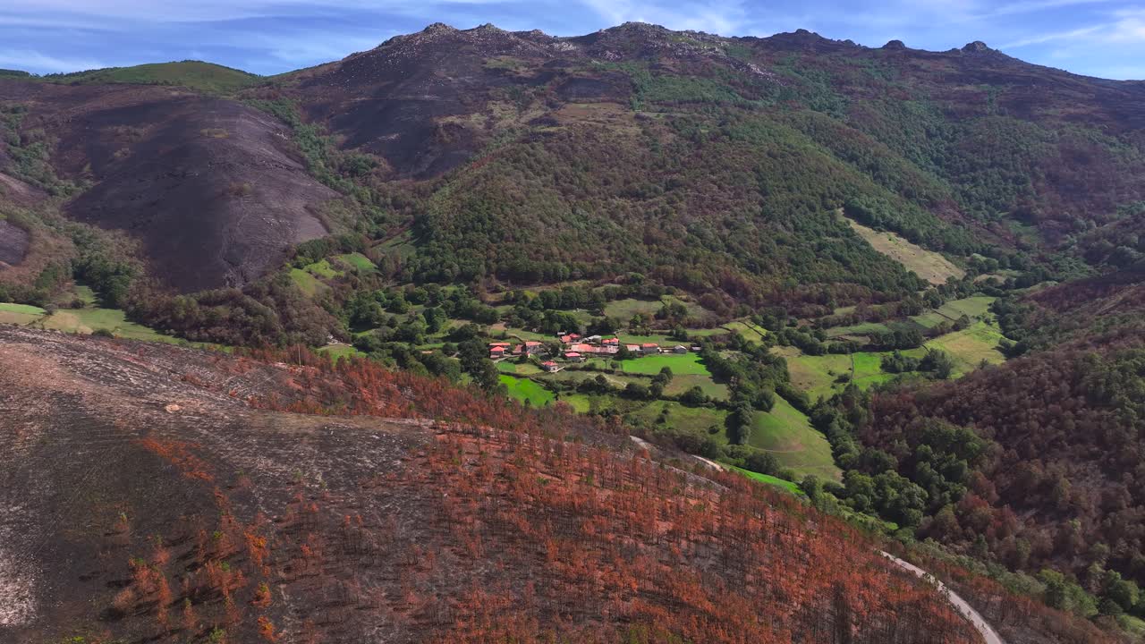 Serra de San Mamede Mountains Overlooking Village In Maceda, Ourense, Galicia, Spain. Aerial Drone Shot