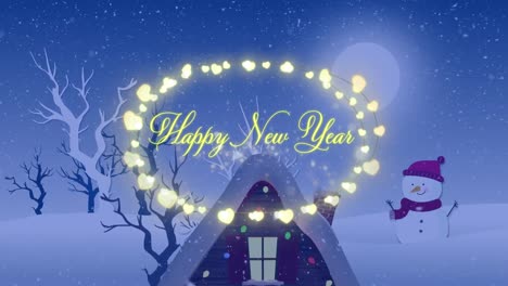 Animation-of-happy-new-year-greetings-text-in-fairy-lights-frame-over-christmas-winter-scenery