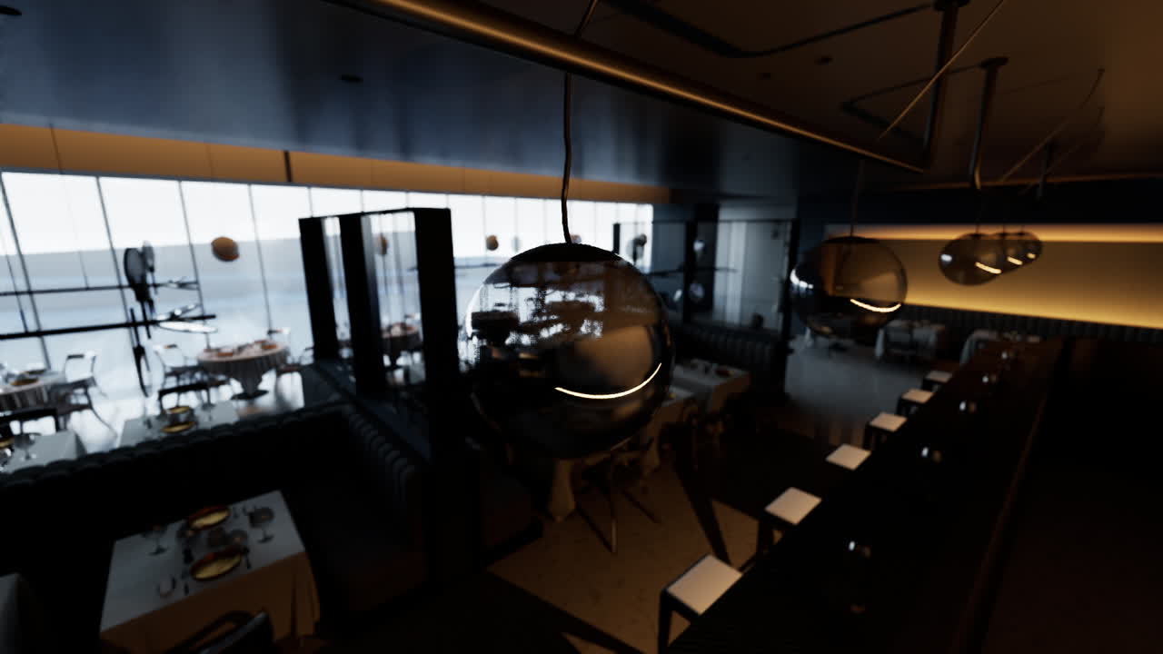 Tom eksklusiv restaurant med elegant indretning og fantastisk havudsigt ved skumringstid