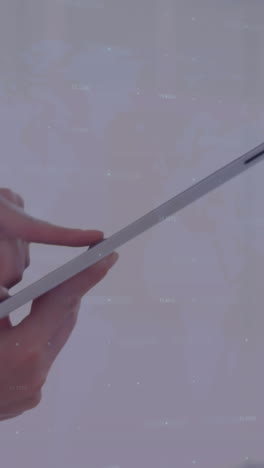 animation of clock, statistics and data processing over businesswoman using tablet