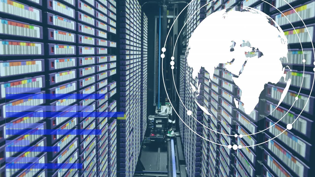 Animation of financial data processing over globe and servers background