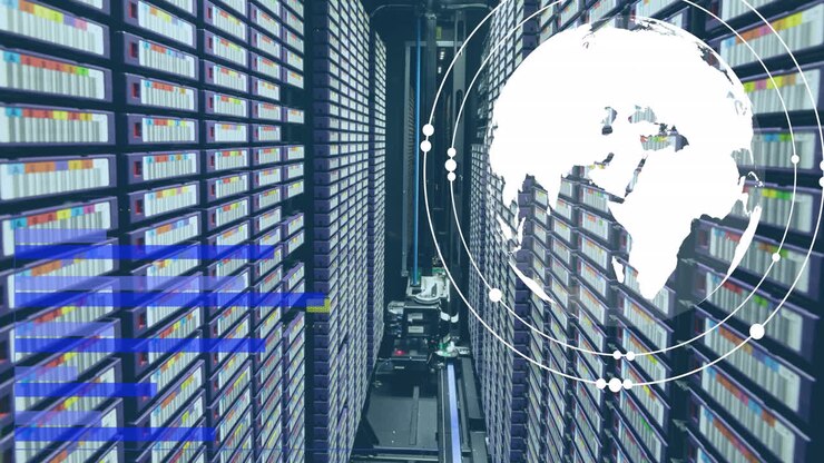 Animation of financial data processing over globe and servers background