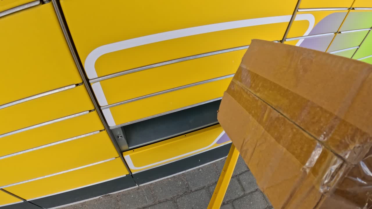 Pick up cardboard box from yellow post machine, POV view