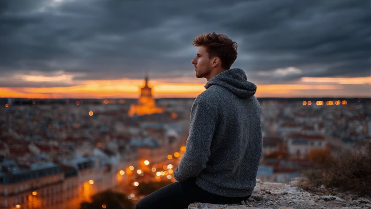 A Reflective Moment: A Young Man Enjoys a Breathtaking Sunset View Over a Cityscape, Immersed in Contemplation and Serenity Amidst Twilight Skies