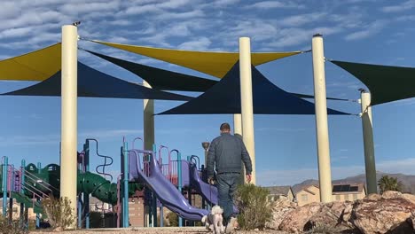 toma en cámara lenta de un hombre paseando a su perro en el parque infantil