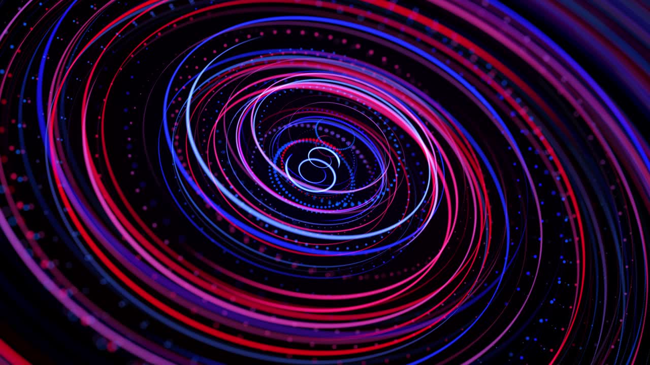 Light flow form ring structure. Light effect as abstract looped background with light trails, stream of multicolor neon lines in space form rings. Modern trendy motion design background.