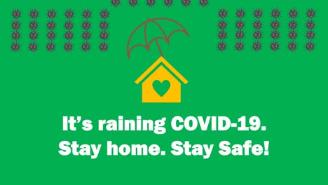 a home covered with umbrella being protected from covid-19 or corona virus with a message it's raining covid-19