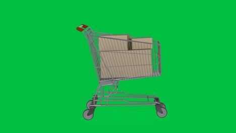 carrito de compras con cajas de cartón en pantalla verde