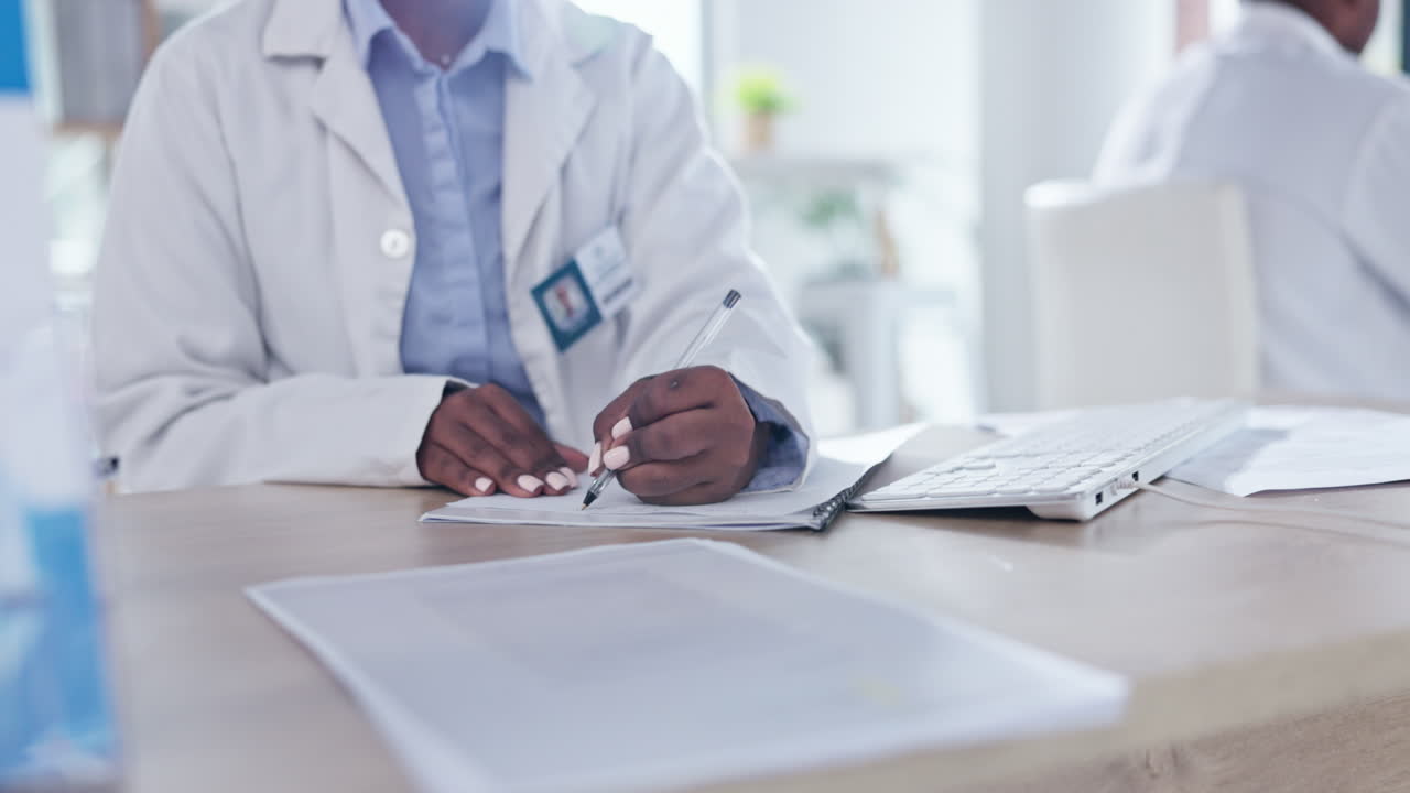 Hands, writing and doctor with documents