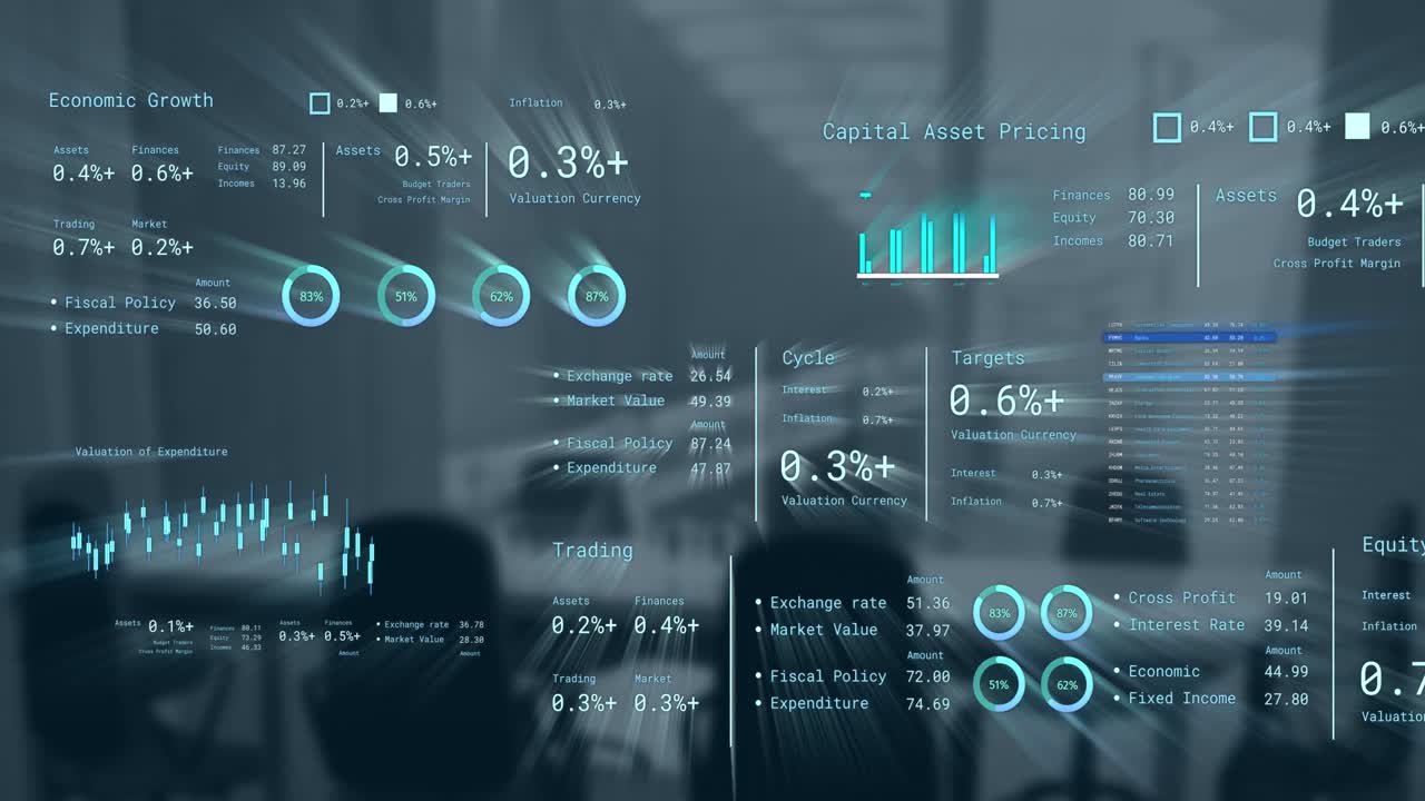Animation of financial data processing over business office