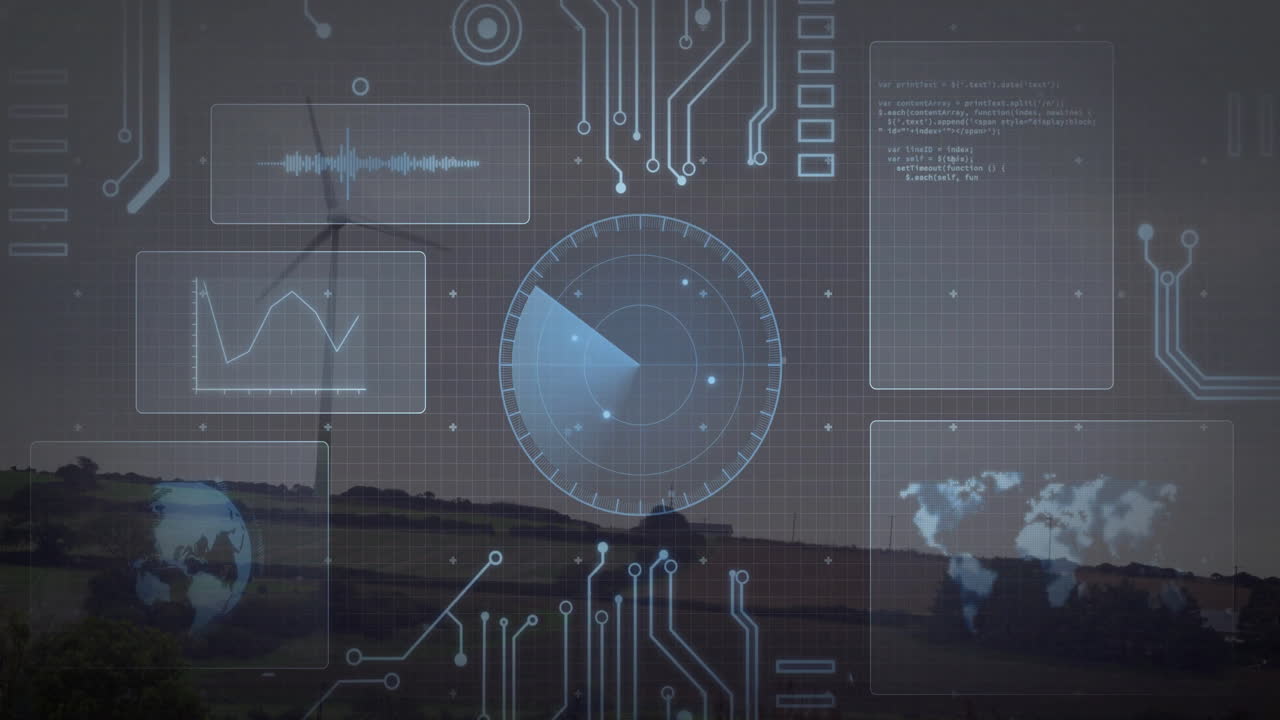 turbinas eólicas en paisajes rurales con interfaz digital y animación de procesamiento de datos