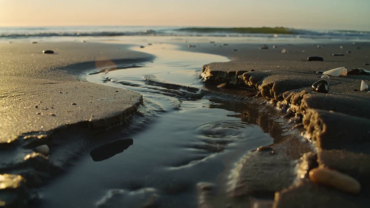 Rigagnolo stretto di acqua di mare che si ritira sulla battigia, scolpendo banchi di sabbia con ciottoli e conchiglie.