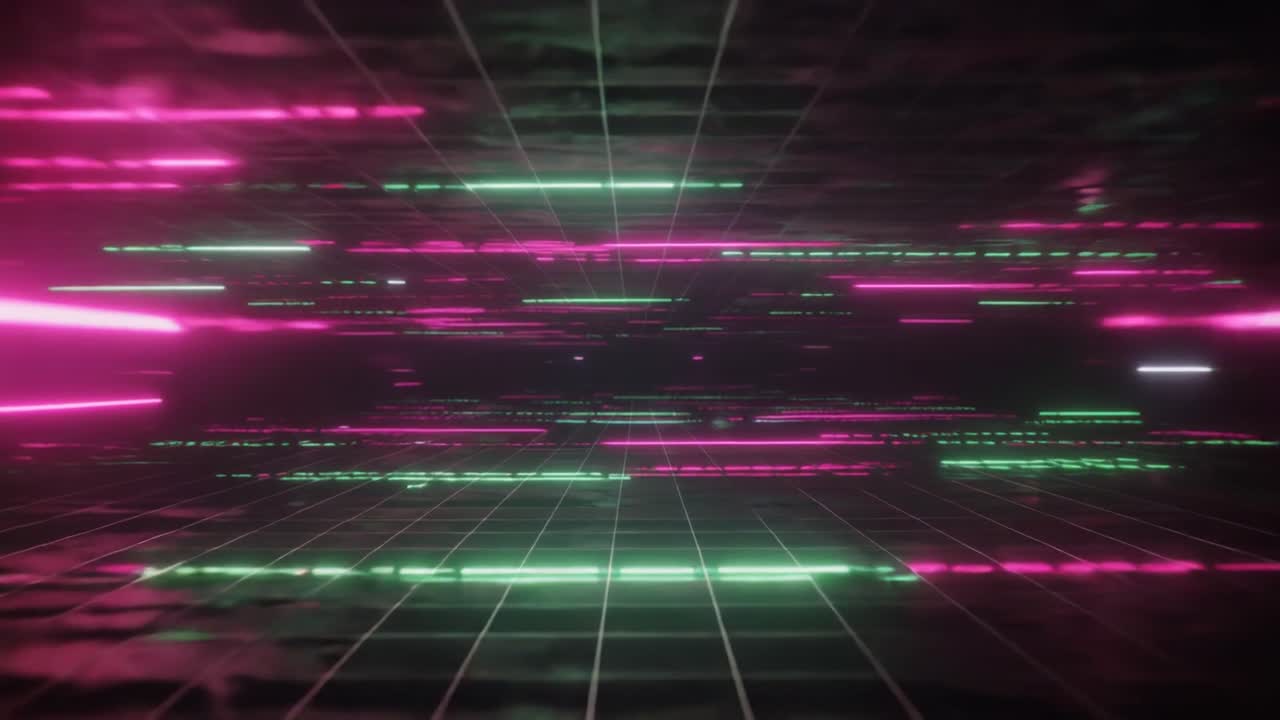 Tunnel a Griglia Digitale Astratto con Luci al Neon in Movimento