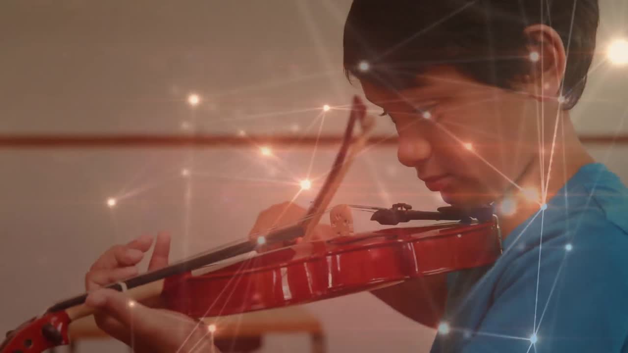 바이올린을 연주하는 학교생을 통해 연결 네트워크의 애니메이션