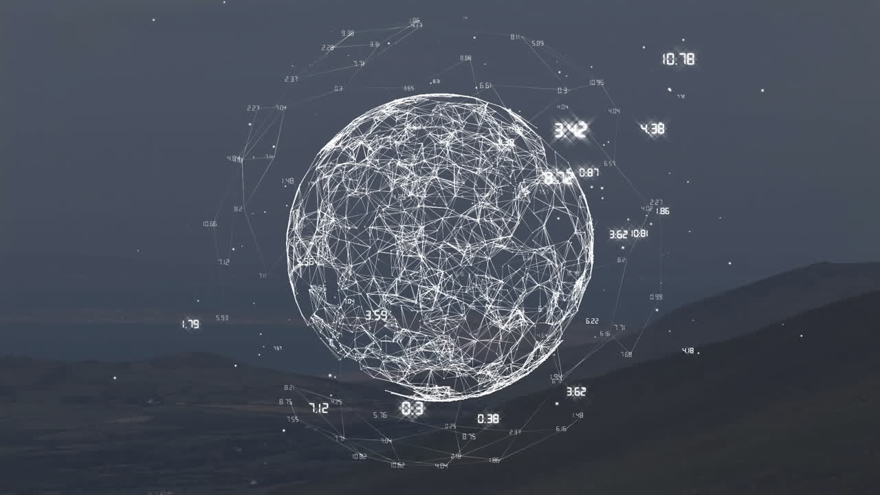 globo digital con puntos de datos y conexiones animación sobre el paisaje montañoso