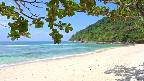 Playa-Vacía-De-Arena-Blanca-Con-Una-Montaña-En-El-Fondo-Y-Una-Rama-De-árbol-Tropical-En-Primer-Plano-En-Un-Día-Soleado-En-Tailandia