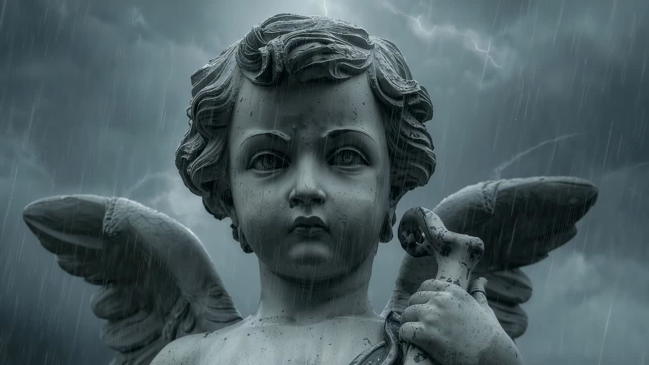 Zooming camera on stone cherub against storm clouds, lightning flashing, showing worn drape, scroll