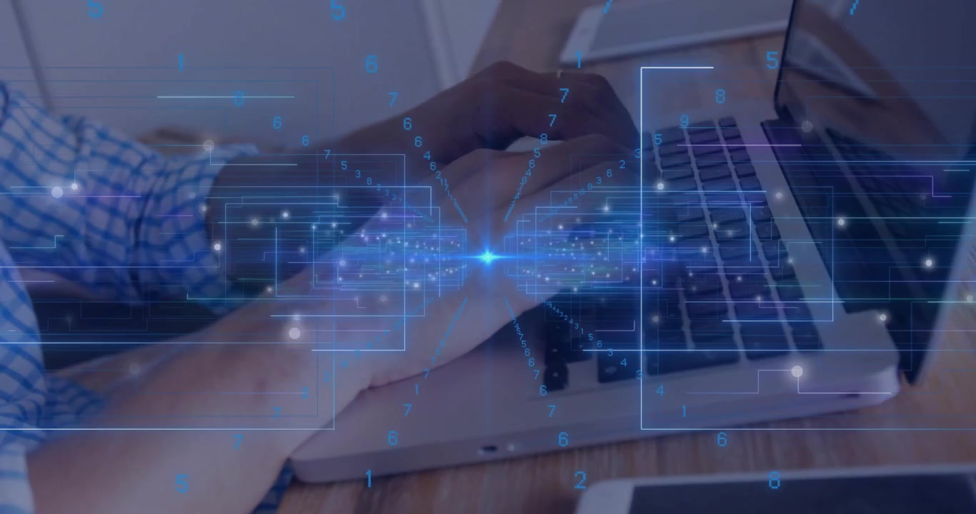 Man typing code on laptop in technology workspace, showing glowing circuits and floating numbers