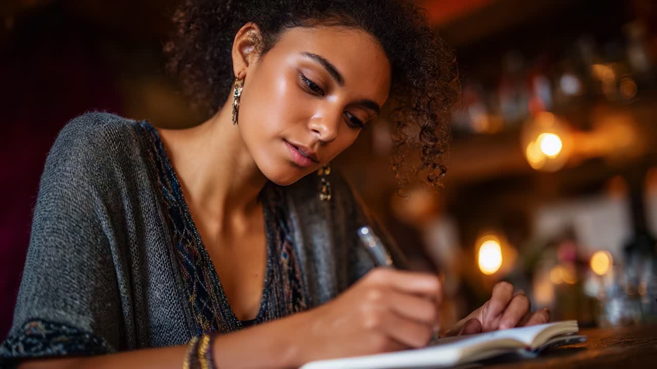 Young woman engrossed in writing in a cozy setting, showcasing creativity, expression, and focus amid warm ambient lighting and personal reflection