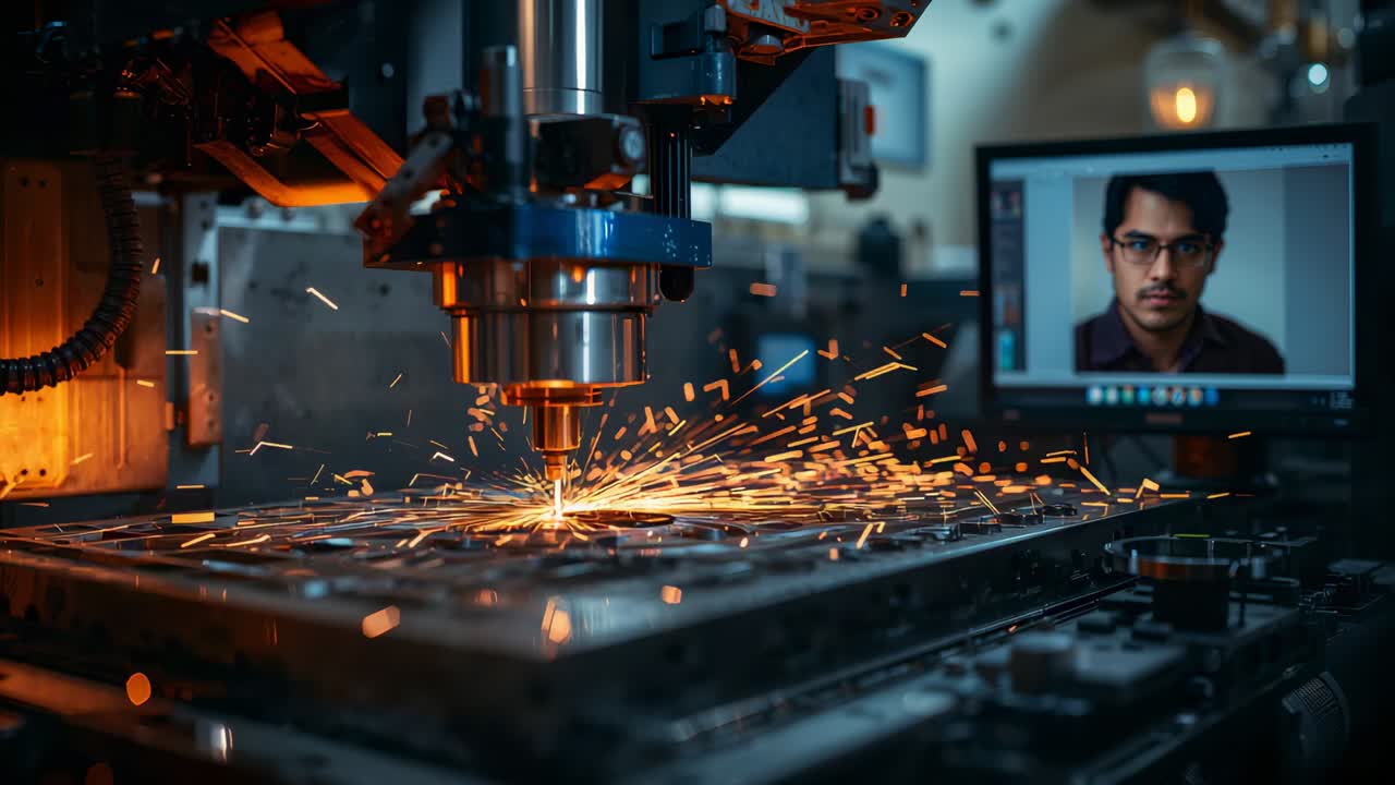 Cutting CNC torch engaging metal part in shop, sparks fanning, screen showing man in dark shirt