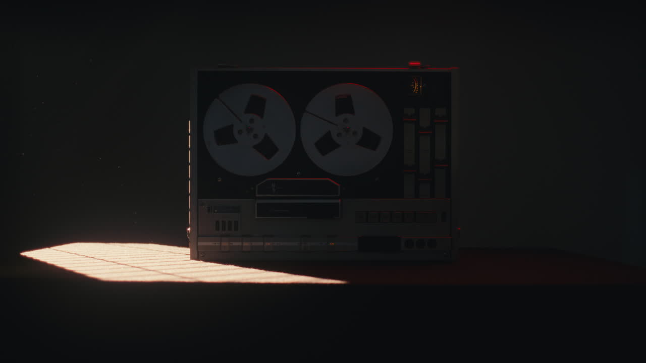 A vintage tape recorder in a red blinking light