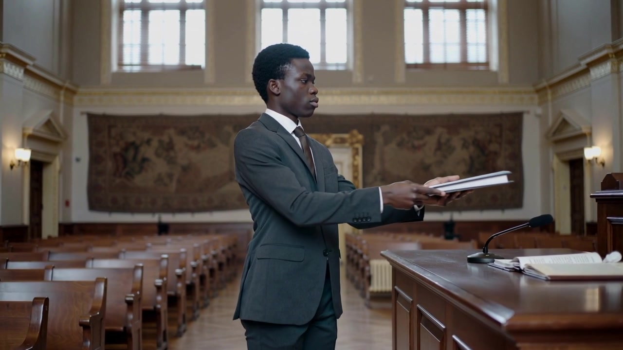 Entering man in suit carrying black binder down aisle, placing papers on lectern for presentation