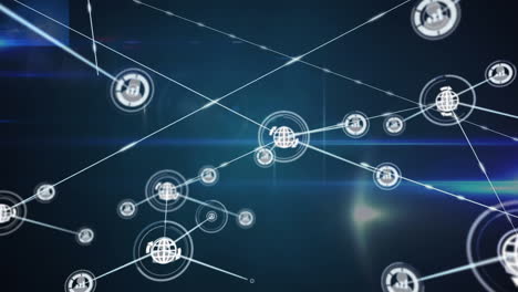 animation of network of digital icons over glowing light spots against blue background