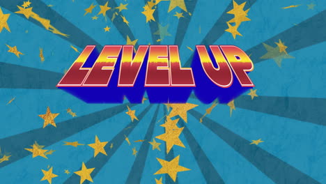 animation of level up text over stars and stripes pattern