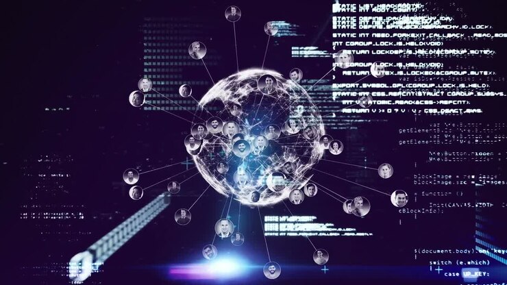 Animation of data processing over globe with people icons