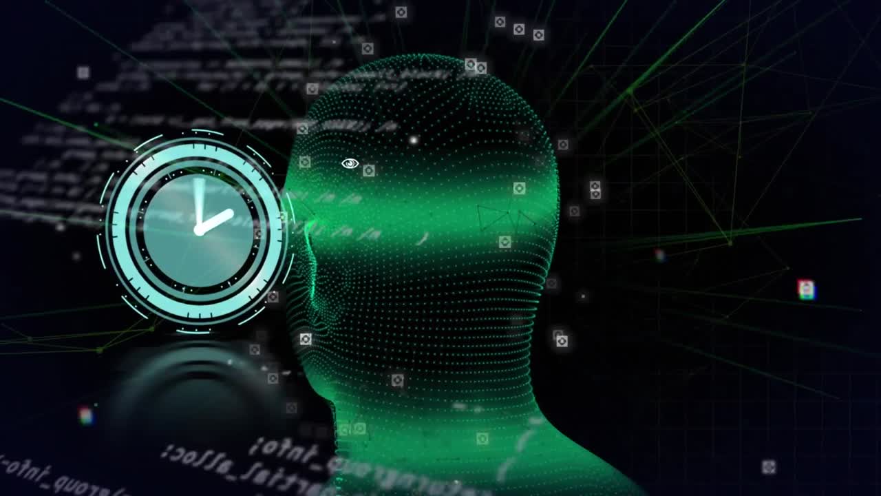 Animation of clock, digital human head and data processing on black background