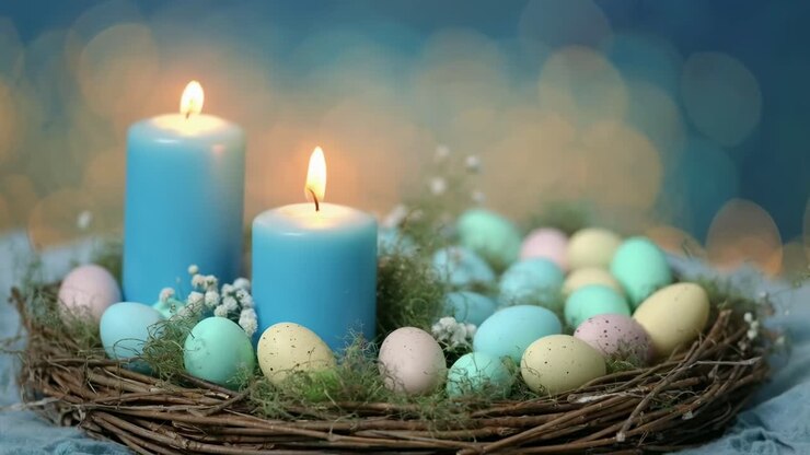 A serene video scene of pastel Easter eggs and blue candles, captured from a side angle