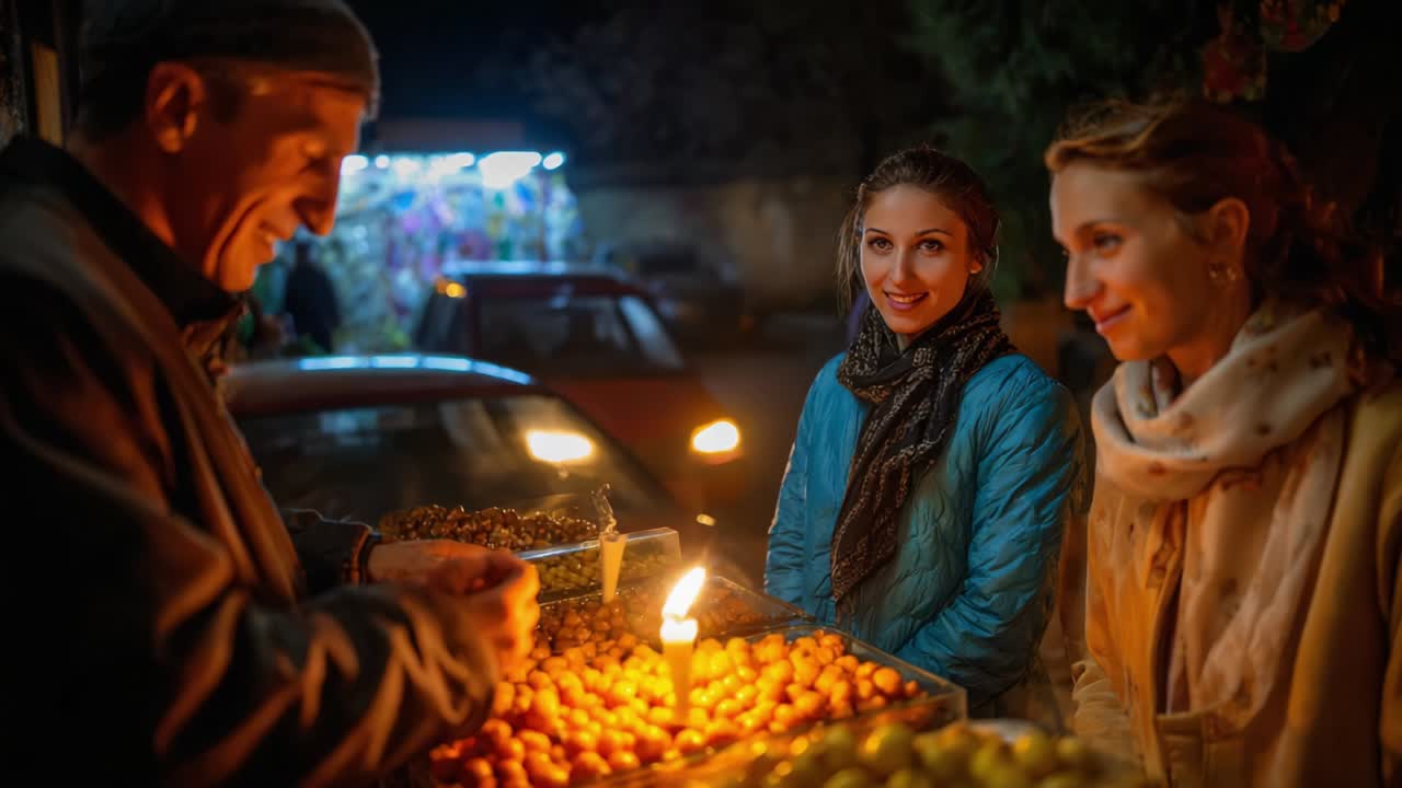 Enchanting Night Market Encounter: Two Friends Engaging with a Local Vendor over Exotic Street Food Delights, Illuminated by Ambient Lighting and Captivating Warmth of the Evening Atmosphere
