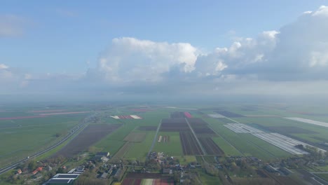 Hoch-über-Der-Holländischen-Landschaft-Mit-Buntem-Tulpenfeld-Im-Frühling