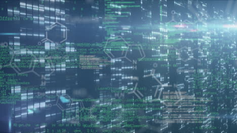animation of moving columns over chemical formula and data processing on black background
