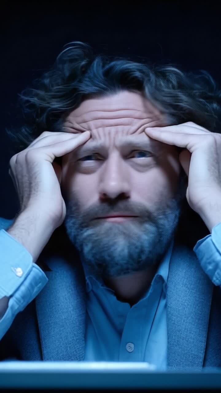 A contemplative moment reflects the struggle of a man lost in thought, facing frustration and introspection while navigating through challenges and emotions in a dimly lit environment