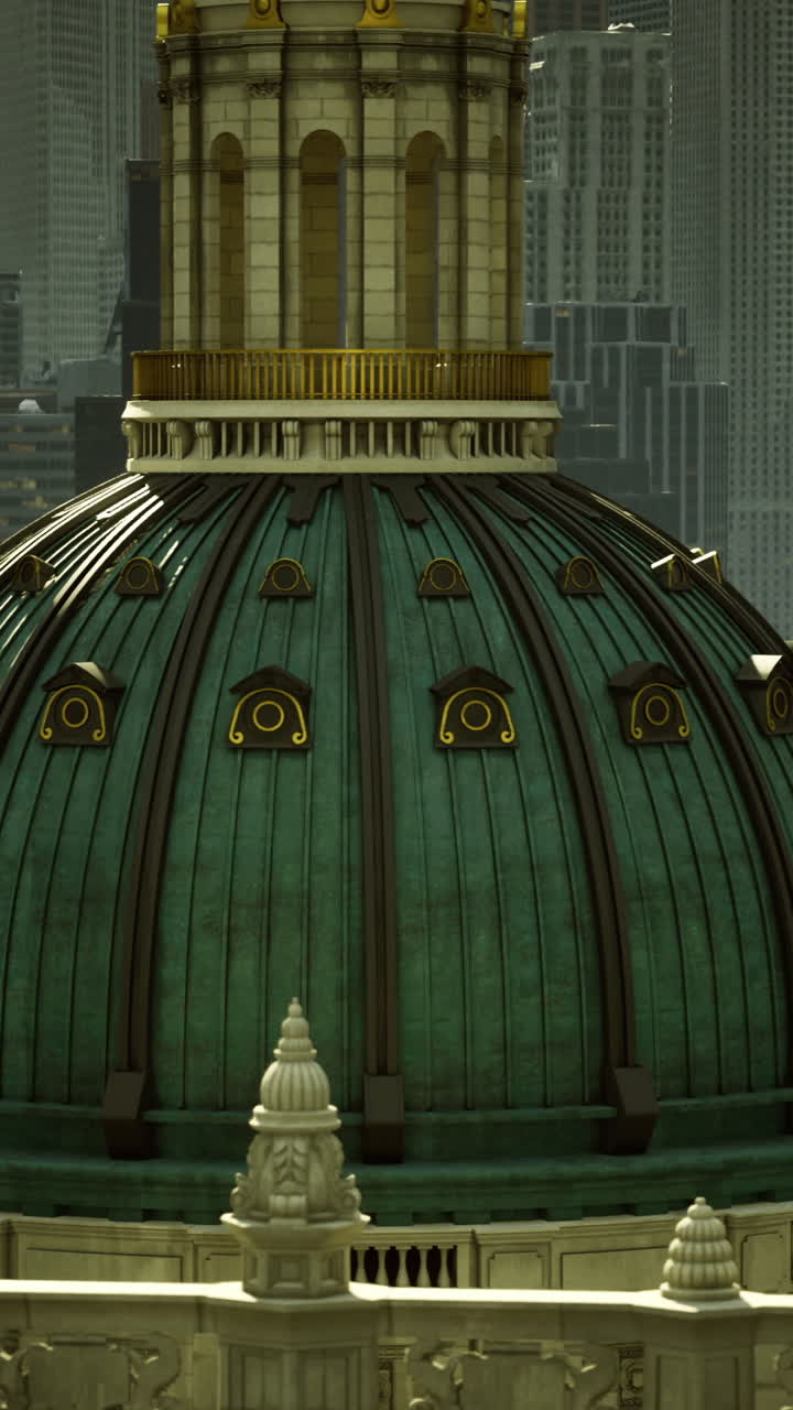 Dome of historic building visible among modern skyscrapers during daytime