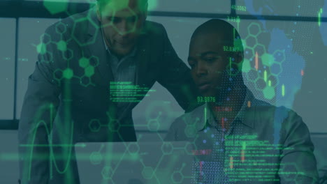 animation of financial data processing over diverse business people in office