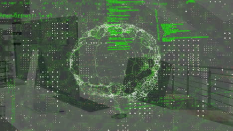 animación del procesamiento de datos y cerebro digital sobre la oficina