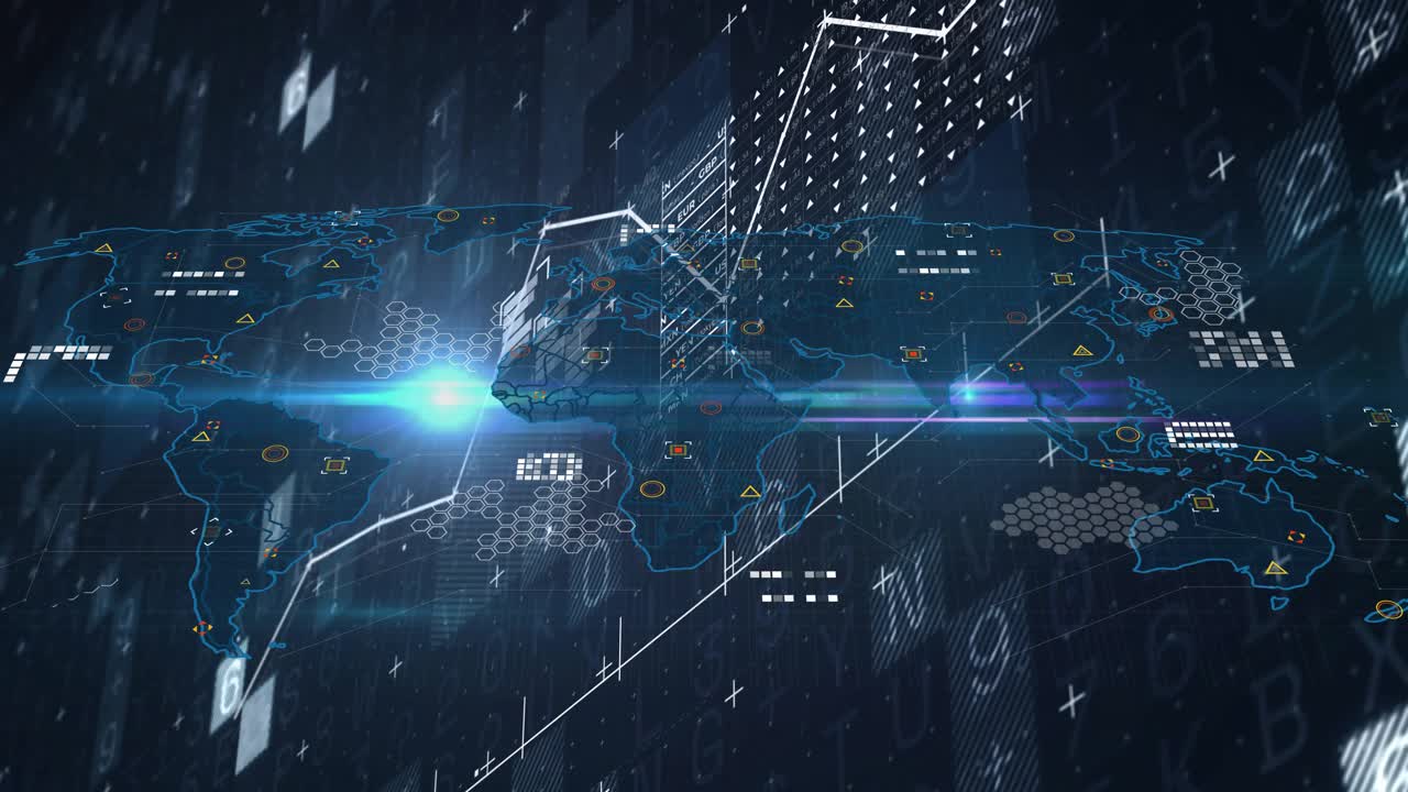 når lysglimt feier over rutenett, blått trådramme-verdenskart med pulserende diagram animerer for å visualisere data