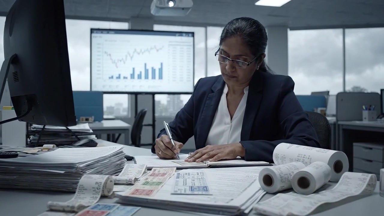 Professionnel concentré analysant des données financières dans un environnement de bureau avec des graphiques, des reçus et un bloc-notes, illustrant une éthique de travail diligente et une attention aux détails