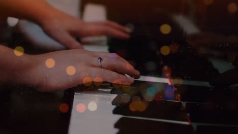 animation of road at night over caucasian woman playing keyboard in music band