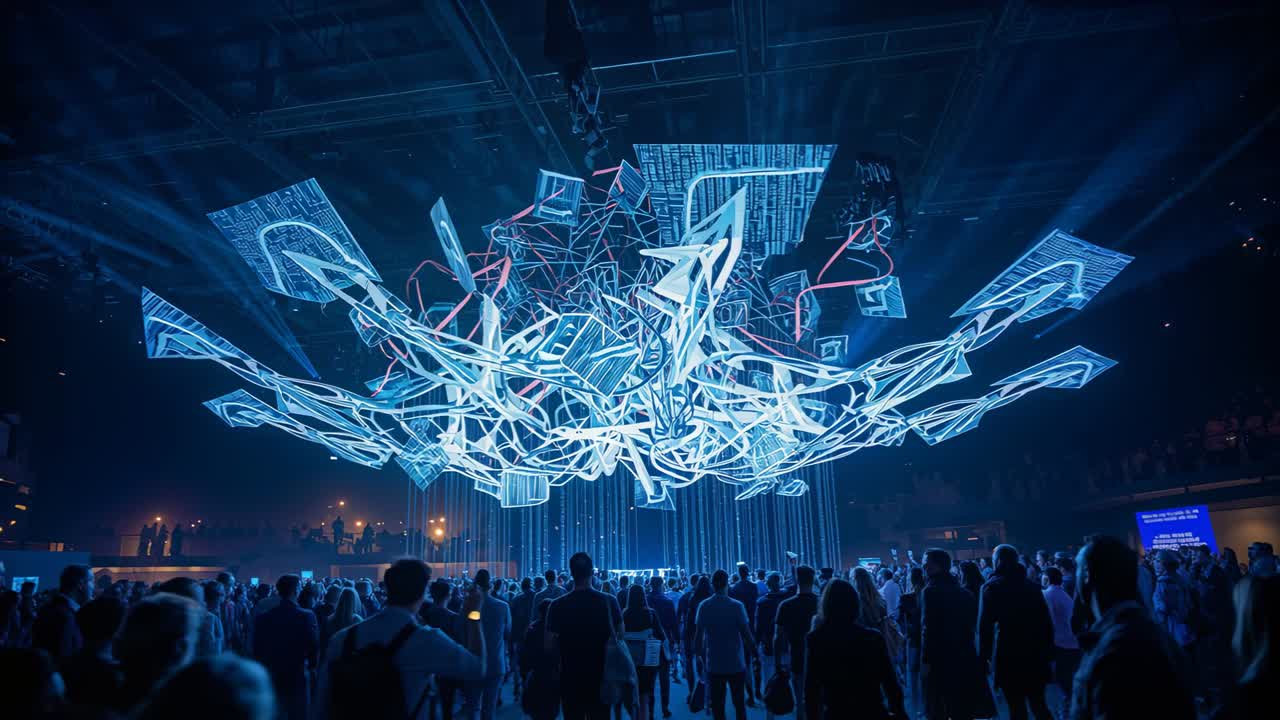 Vertical video: Animating LED art rising in hall with lights starting, drawing crowd filming phones