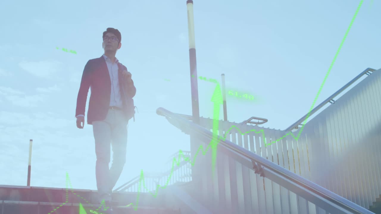 Animation of stock market data processing against asian man climbing down the stairs