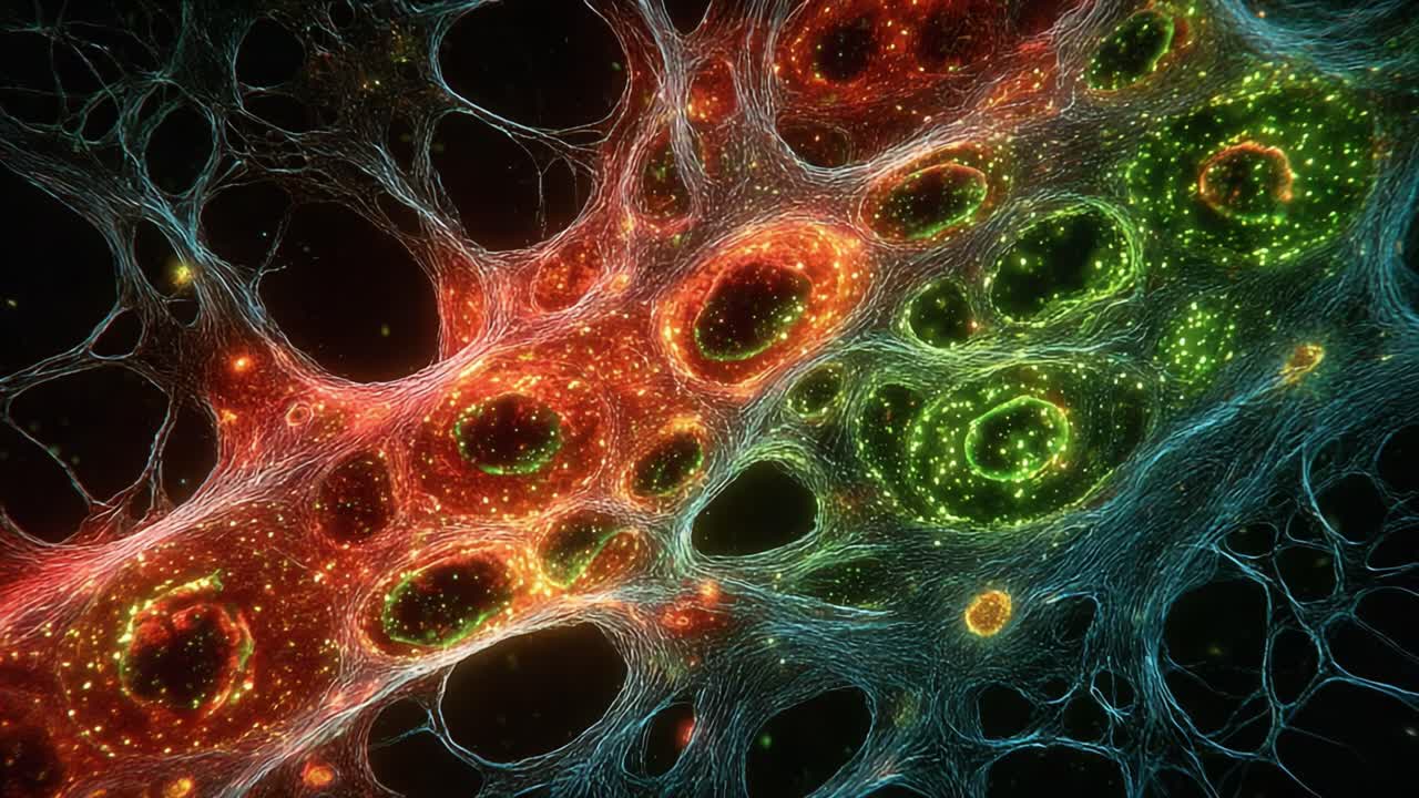 Intricate celstructuren verkennen: een verbluffende visualisatie van neuronen en hun onderling verbonden netwerken in levendige kleuren