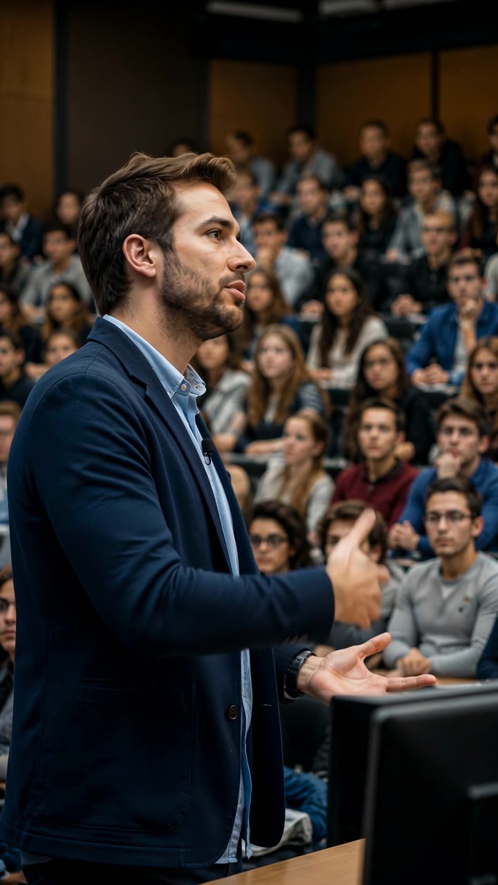 Oratore carismatico che si rivolge a un'aula magna affollata, presentatore in blazer con microfono a bavero usa gesti espressivi