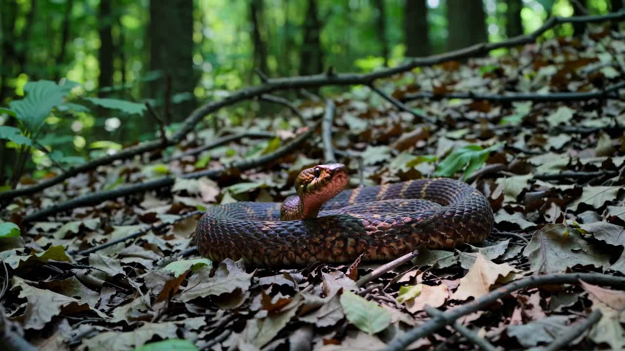 Close-up video shot of a coiled snake on forest floor, surrounded by leaves