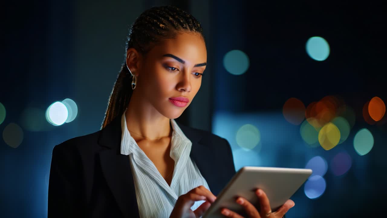 A focused young woman with braided hair engages with her tablet in a sophisticated setting, illuminated by soft city lights in the background, showcasing a moment of technology use and concentration