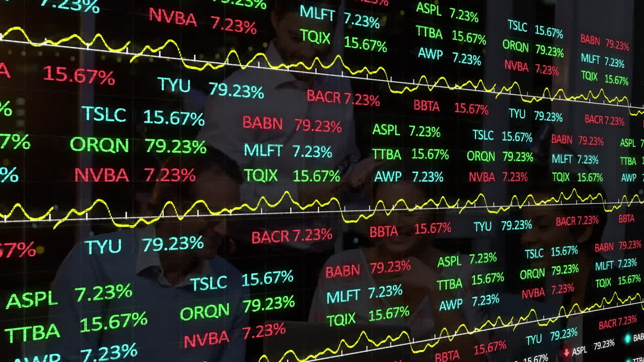 Animation of financial data processing over business people in office