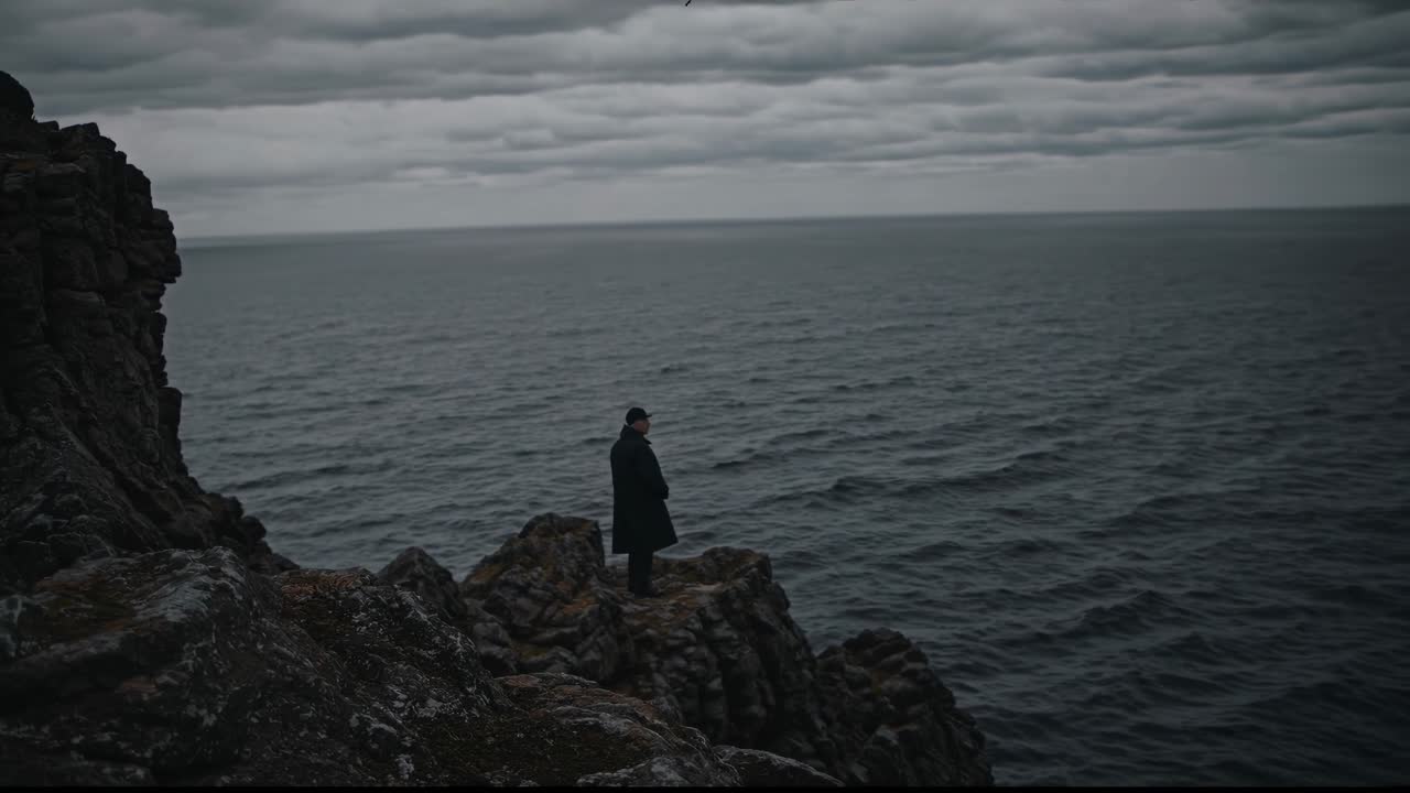 Man wearing a coat is standing on a cliff edge, contemplating the vastness of the dark ocean under a cloudy sky, creating a dramatic and moody atmosphere